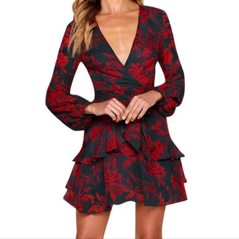 NWT UGUEST Womens Casual V Neck Long Sleeve Ruffle Dress Size Small